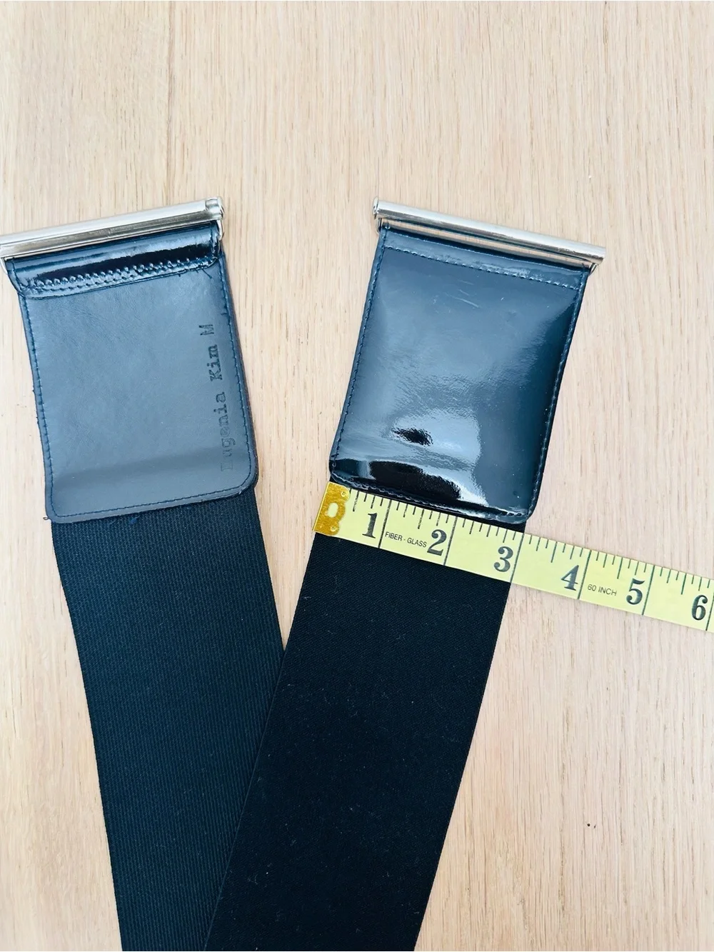 Eugenia Kim Black Patent Wide Waist Belt with Silver Bar / Size M